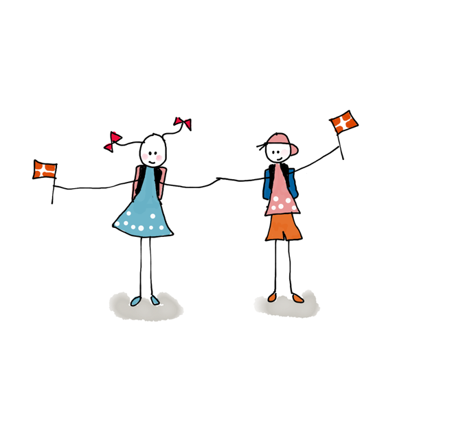 To børn med flag, der holder hinanden i hånden